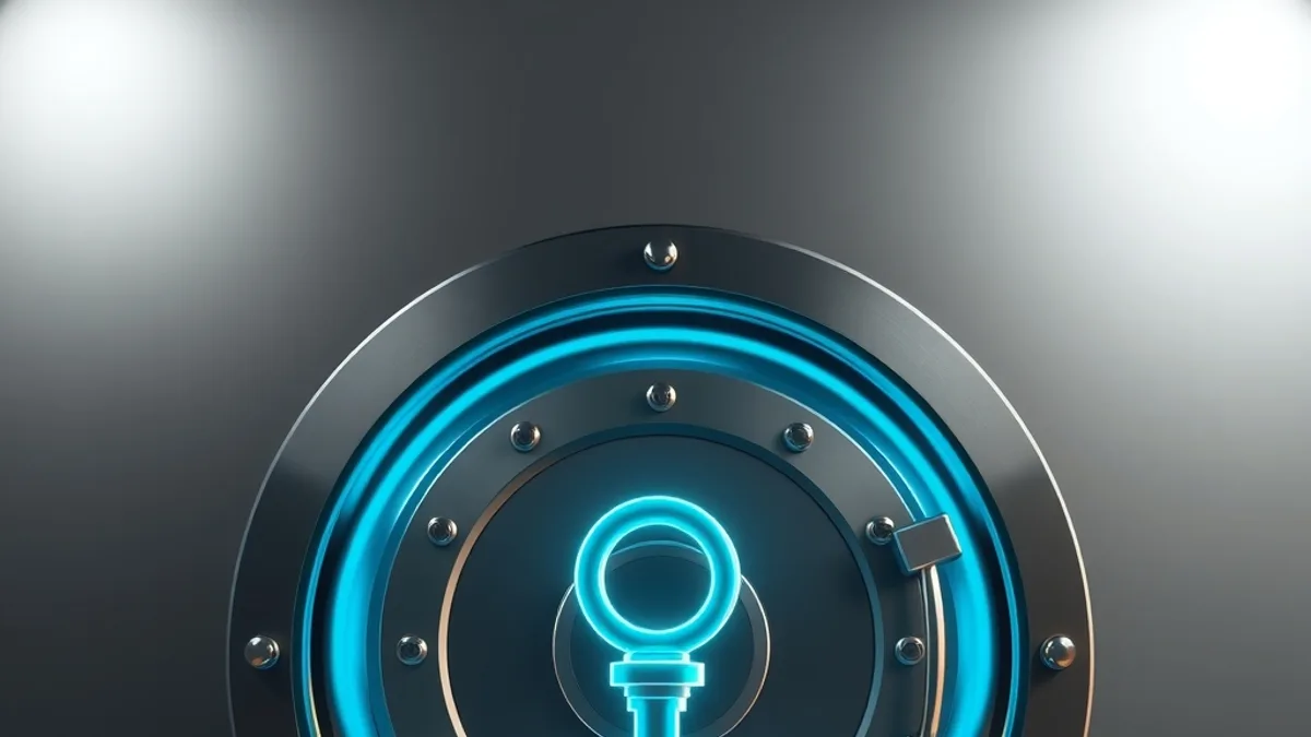 A glowing cyan metal key passing through a steel vault without revealing what is inside