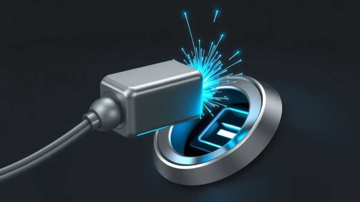Un conector metálico de cable soltando chispas cian al salir de una entrada circular