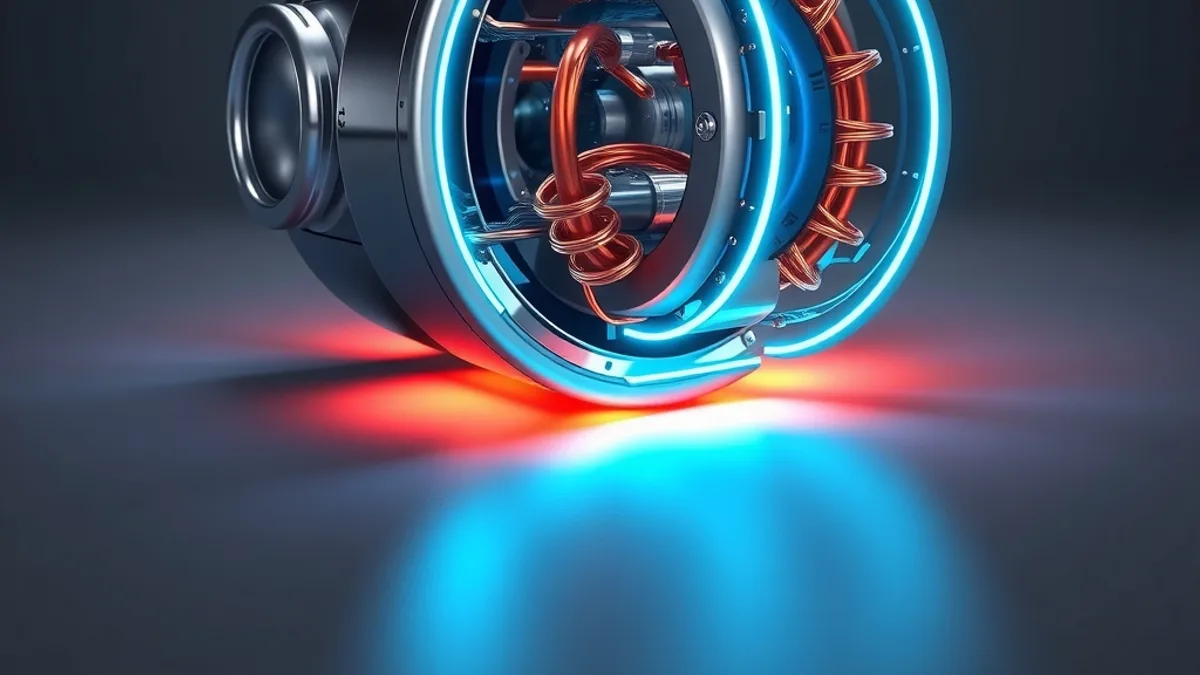 Motor elétrico metálico com bobinas de cobre e linhas de circuito ciano brilhantes