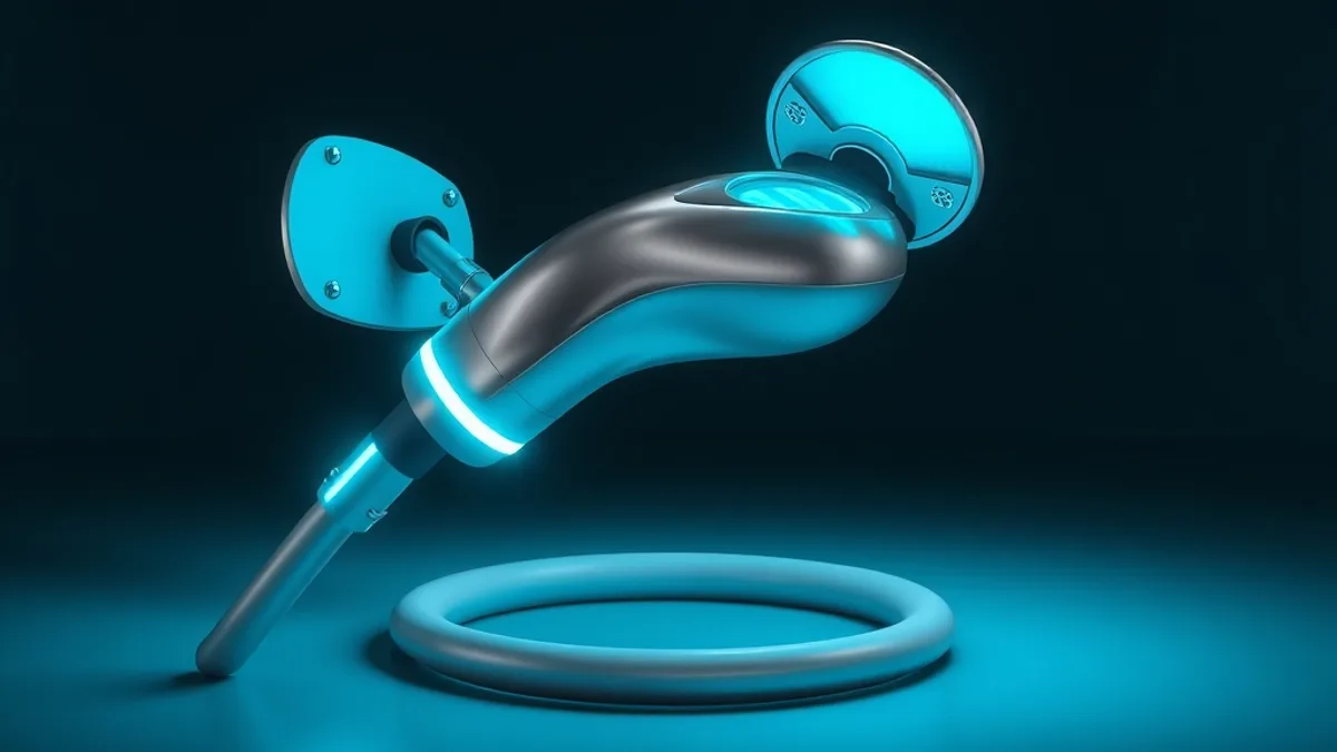Carregador de carro elétrico com conector brilhante em ciano sobre fundo escuro