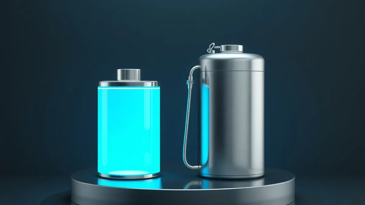 Glowing cyan battery and a fuel canister side by side on a metal pedestal