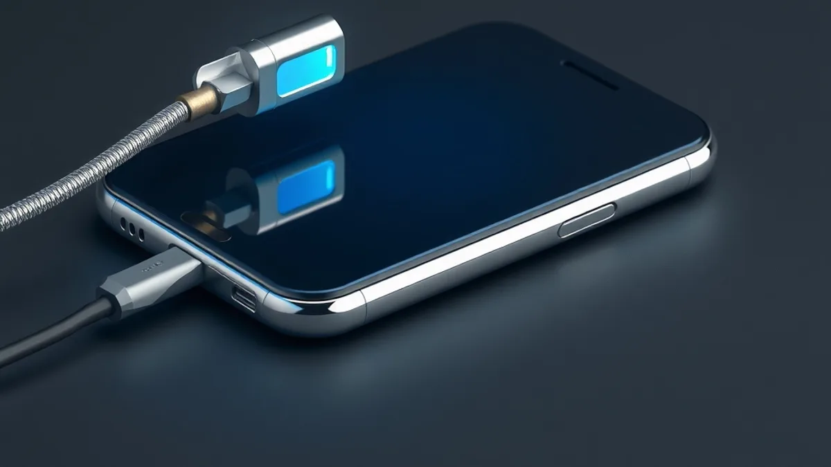 Celular de acero con pantalla apagada y cables de carga metálicos, uno con conector de luz cian