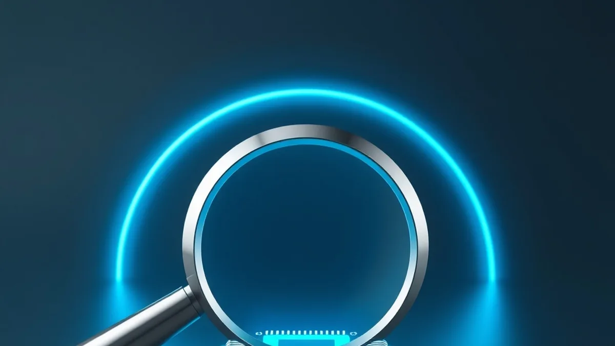 Lupa de acero pulido sobre un chip brillante con líneas de circuito cian sobre fondo grafito