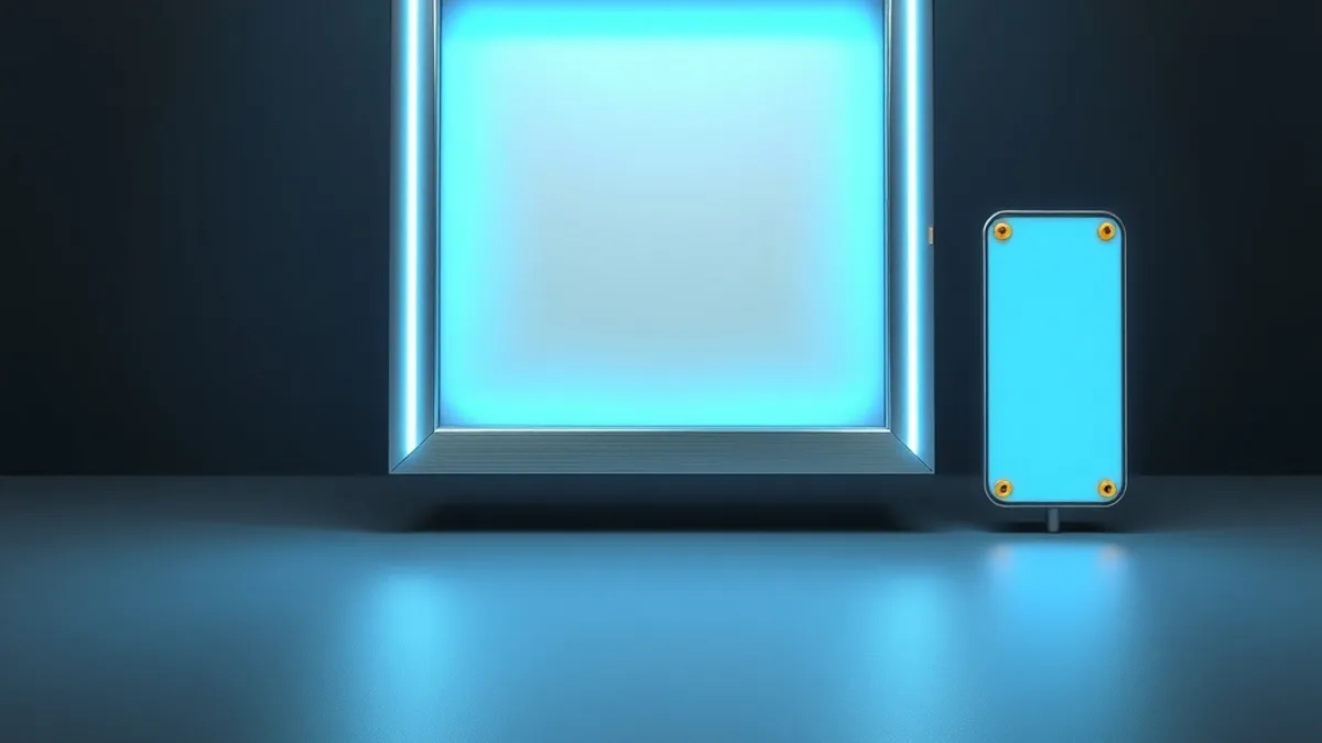 A metallic frame with a glowing cyan screen beside a small separate panel