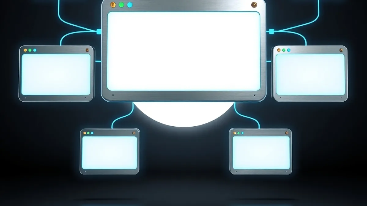 Metallic browser windows linked by cyan lines to a glowing core