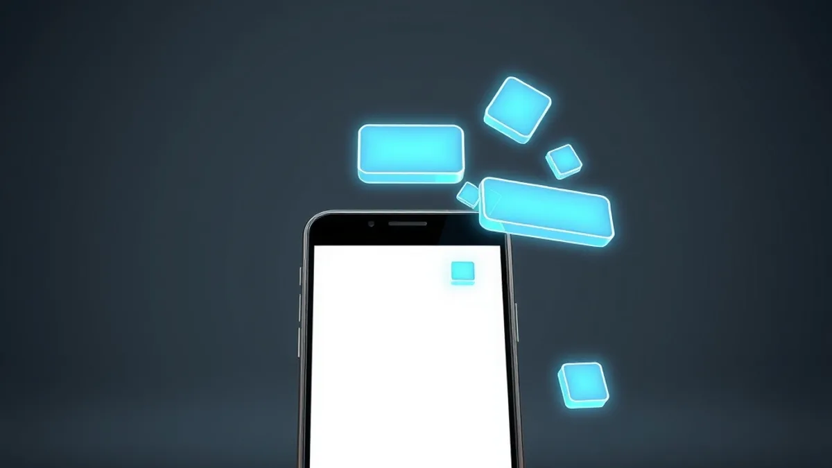 Teléfono con pantalla en blanco brillante rodeado de botones y gráficos translúcidos flotando