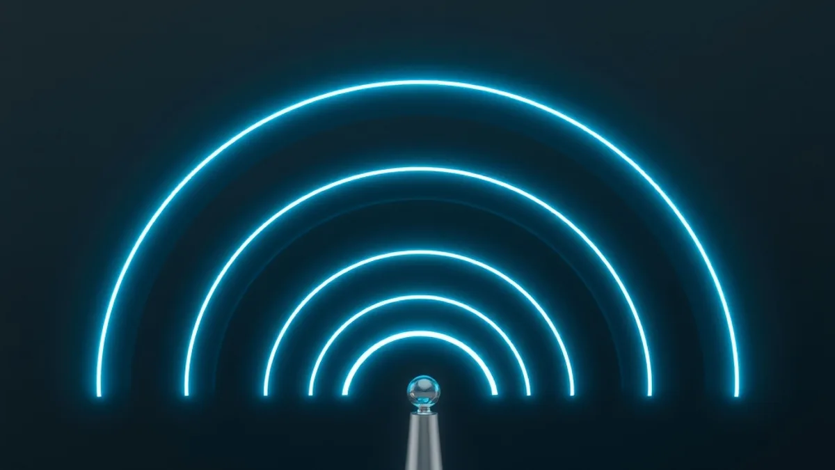 Arcos de sinal Wi-Fi em ciano irradiando de uma antena de aço escovado