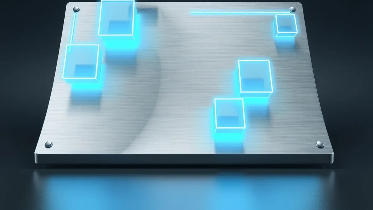 Brushed steel sheet turning into editable blocks of text with cyan circuit lines