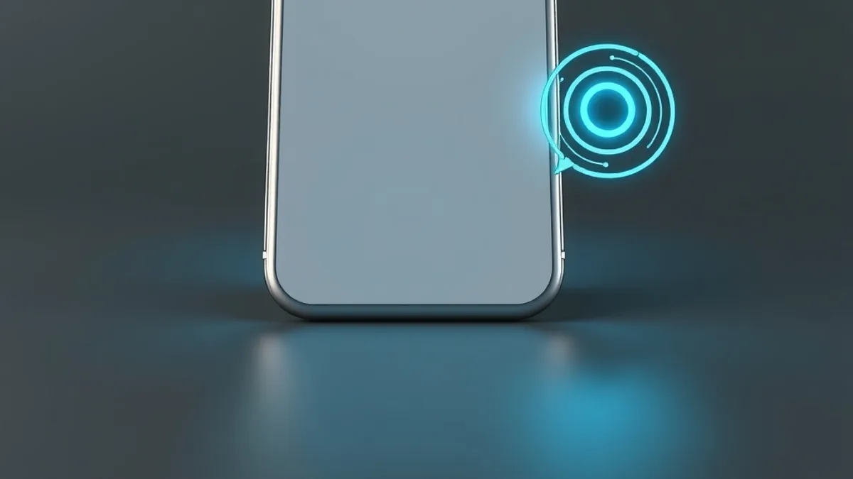 Phone with a blank screen and a glowing cyan record icon beside it