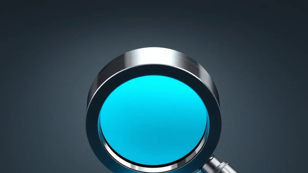 Brushed-metal magnifying glass with a glowing cyan lens