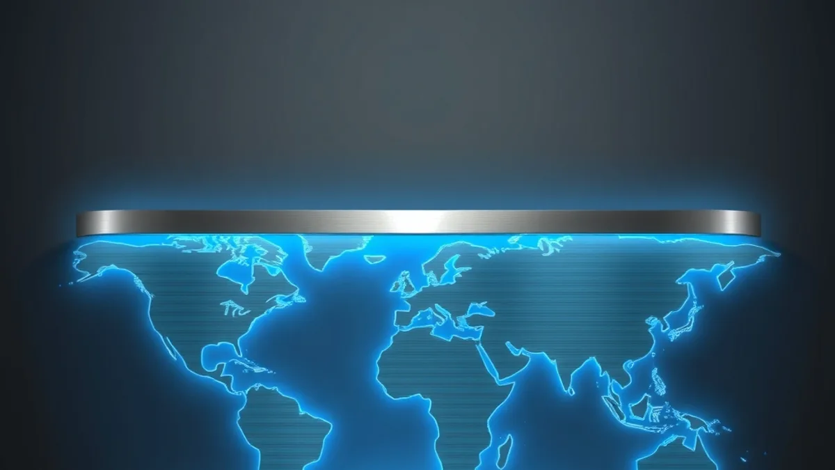 Glowing cyan world map on a brushed-steel plate