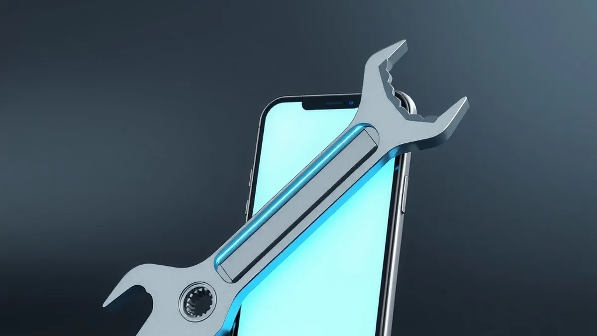 Llave de ajuste brillante en cian junto a un celular con pantalla en blanco sobre fondo grafito