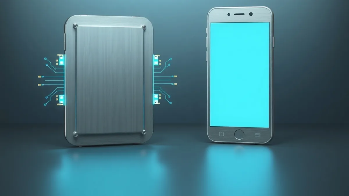 Metallic chip with cyan circuit lines next to a smartphone with a blank screen