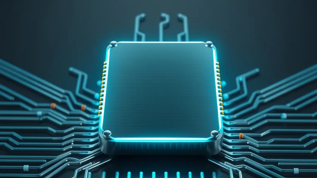 Microchip cian brillante rodeado de líneas de circuito sobre fondo grafito