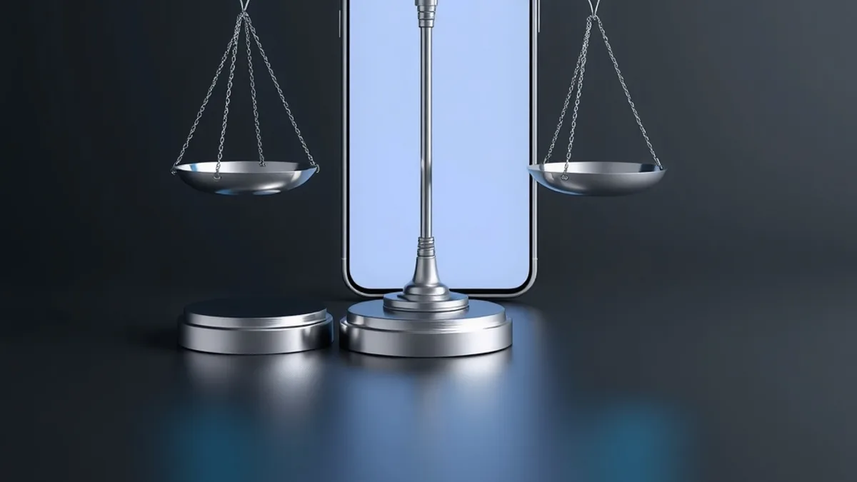 Metal scales of justice beside a phone with a blank glowing screen on a graphite background