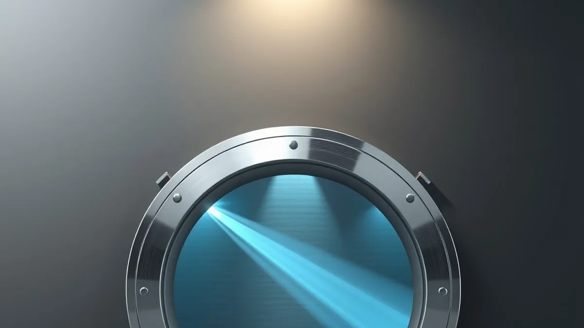 Puerta circular de caja fuerte de acero cepillado con un haz de luz cian