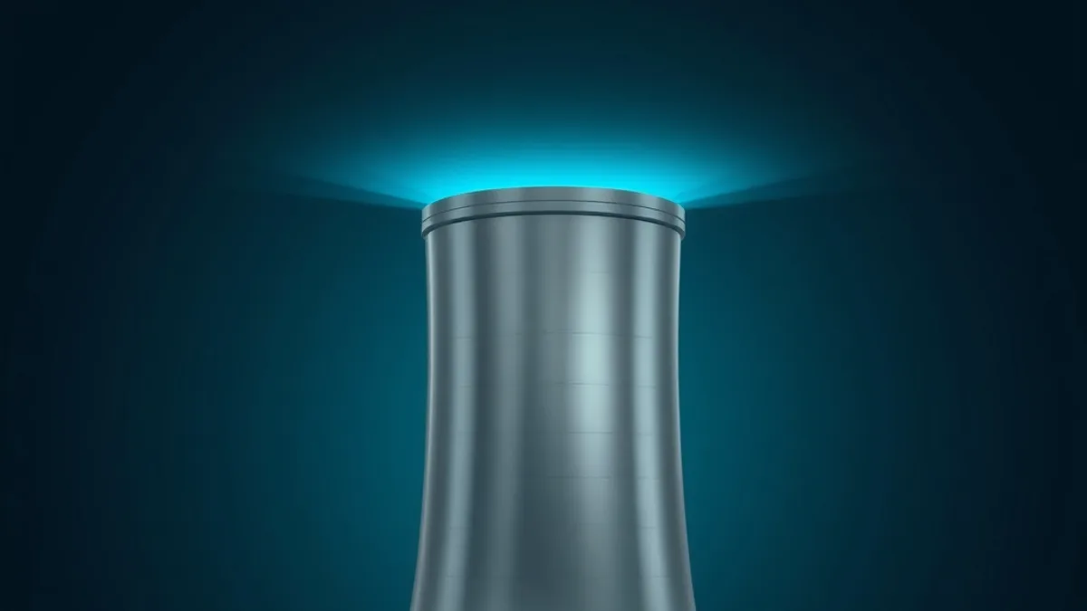 Torre de resfriamento metálica com luz ciano brilhando no topo sobre fundo escuro