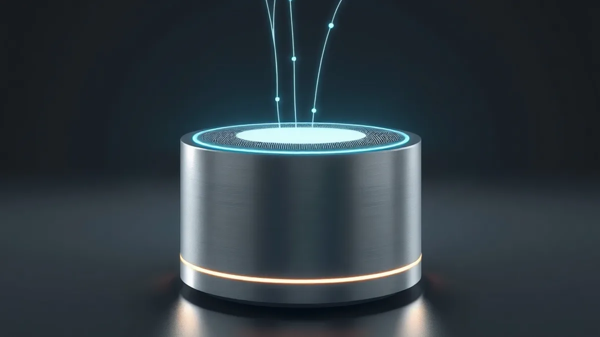 Altavoz inteligente metálico con corrientes de luz cian entrando desde arriba sobre fondo grafito