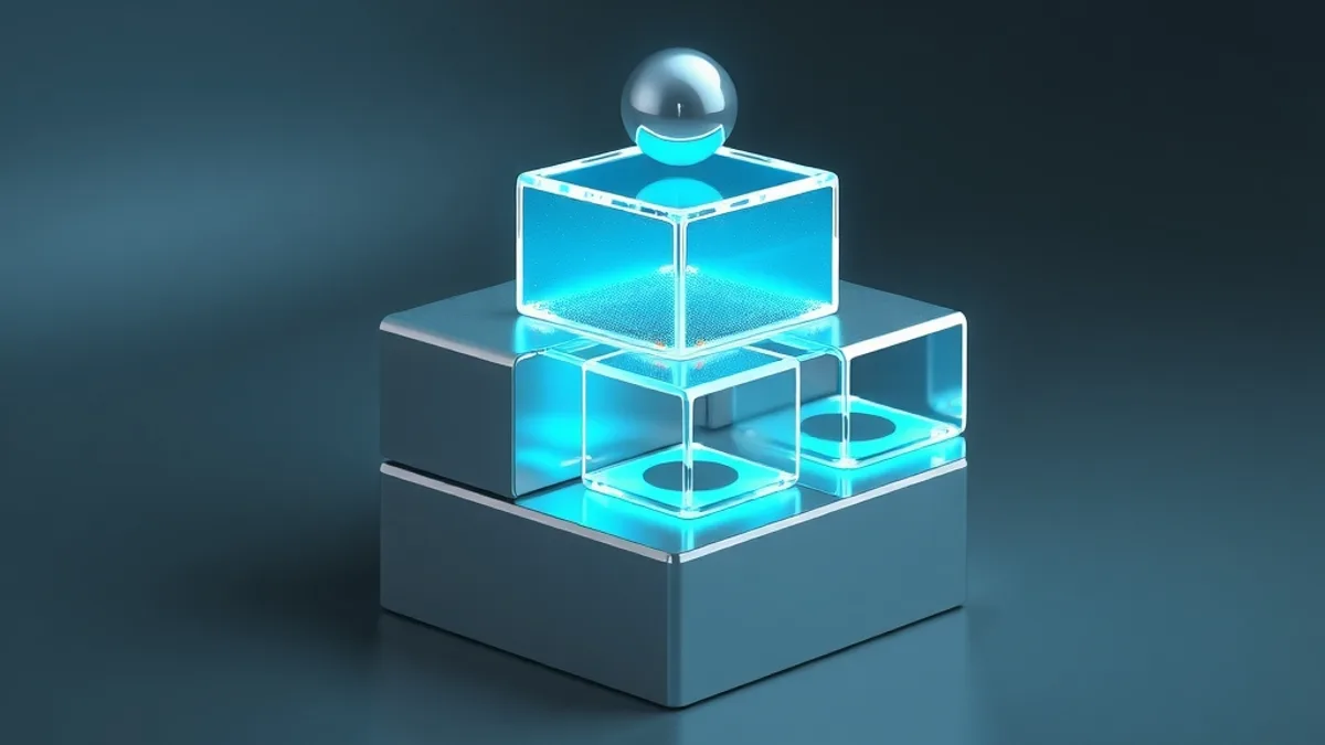 Stacked glowing cyan glass cubes forming a small platform with a metal sphere on top
