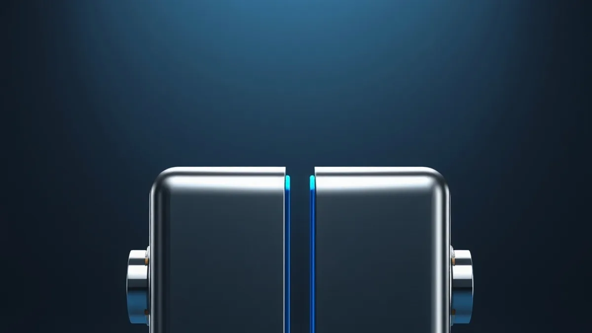 Metallic battery split into two cells with cyan circuit lines on a graphite background