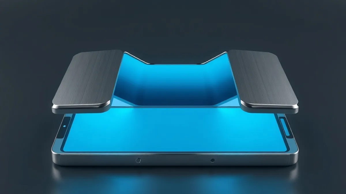 Metallic foldable smartphone opening like a book with a glowing inner screen
