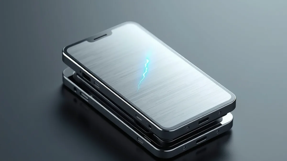 Smartphone de aço escovado com uma fina rachadura de luz ciano na tela