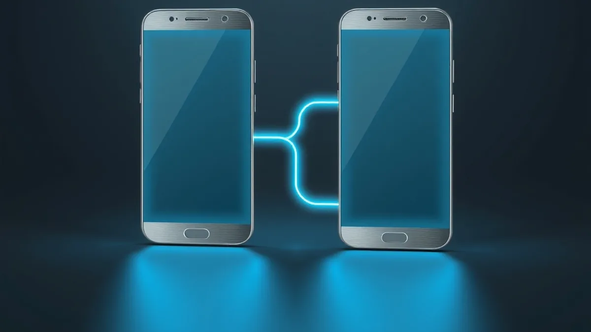 Dois smartphones metálicos lado a lado ligados por uma linha de circuito ciano brilhante