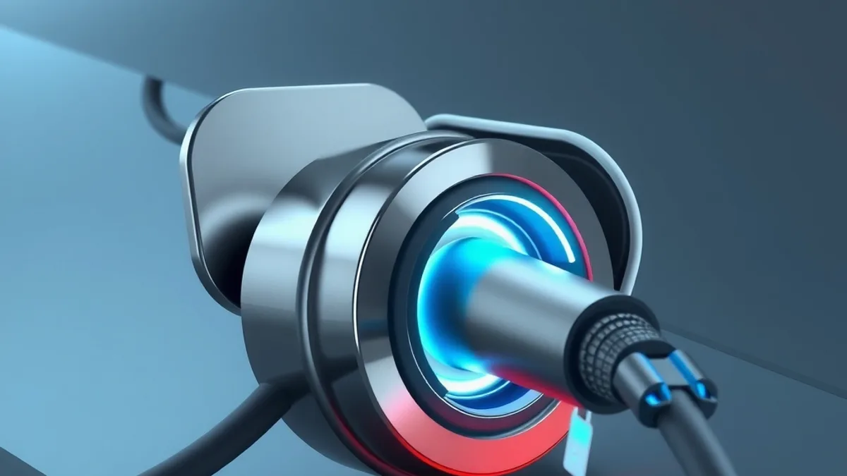 Electric car charging connector with a cyan glow and a black cable on a dark background