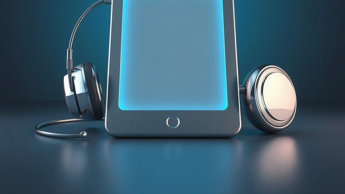 Lector de e-books com tela em branco brilhante entre fones de ouvido cromados