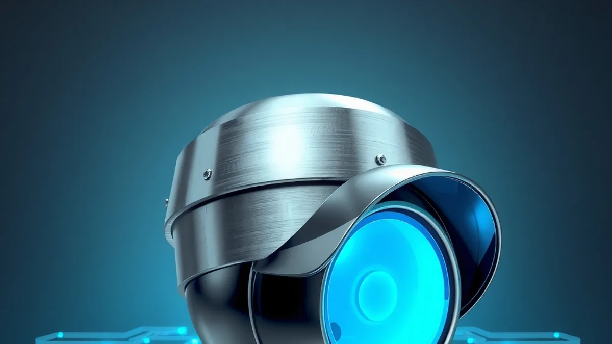 Lente de câmera metálica com um olho ciano brilhante sobre linhas de um mapa