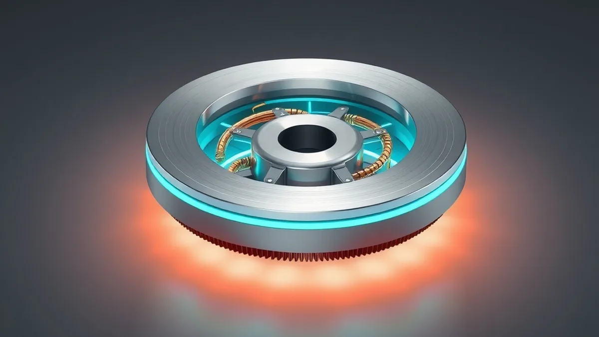 Motor eléctrico metálico en forma de disco con líneas de circuito cian sobre fondo grafito