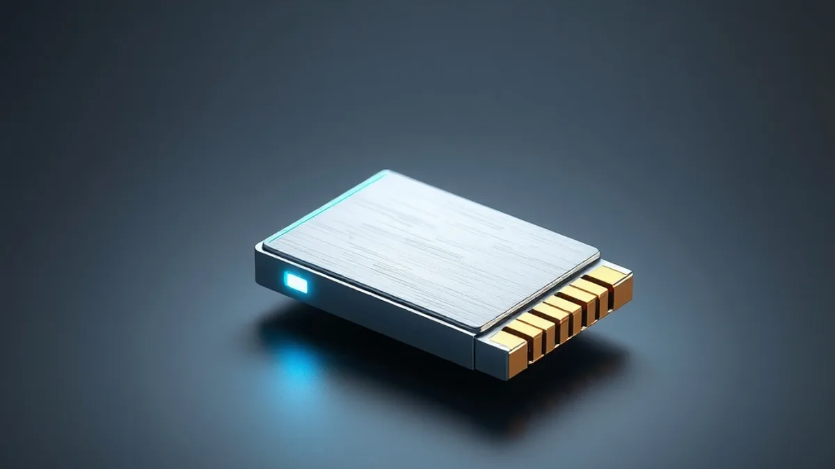 Small memory card with gold contacts resting on a brushed metal surface