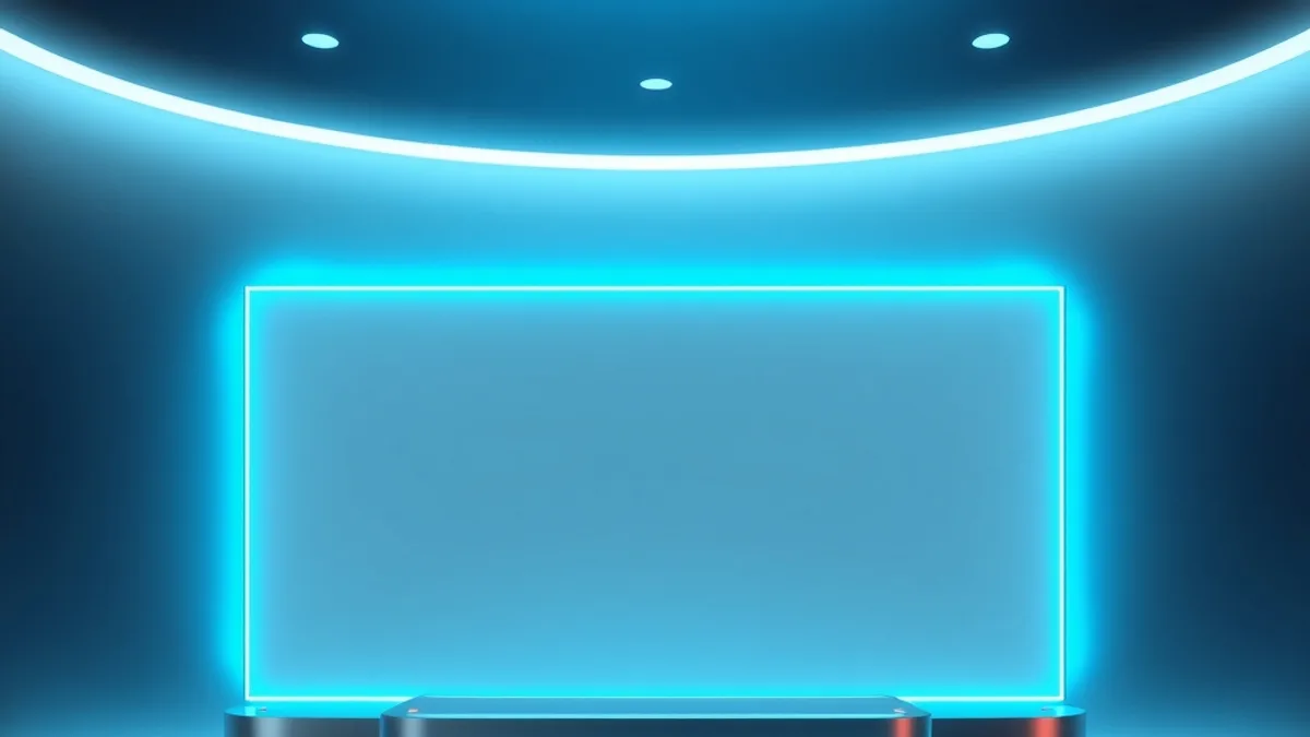 Marco de pantalla en blanco con luz cian sobre un pedestal metálico