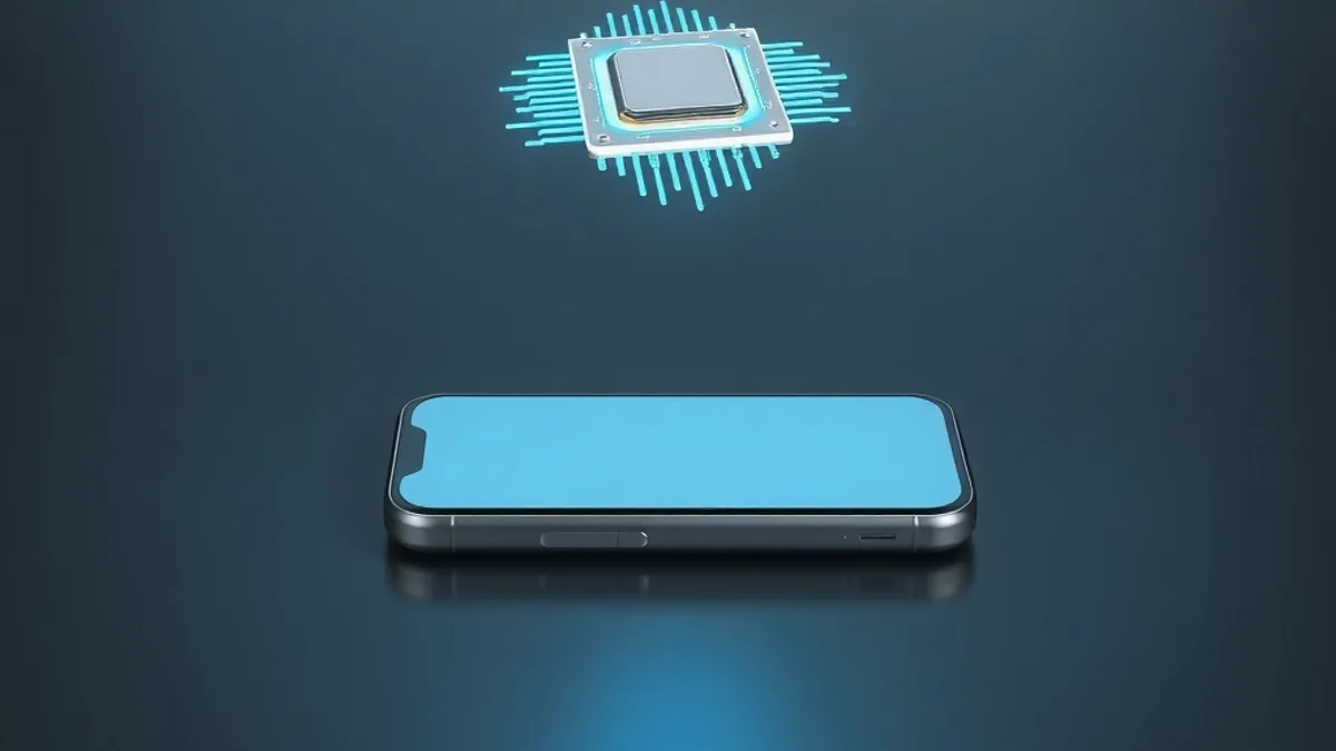 Chip metálico com linhas de circuito ciano ao lado de um celular de tela apagada