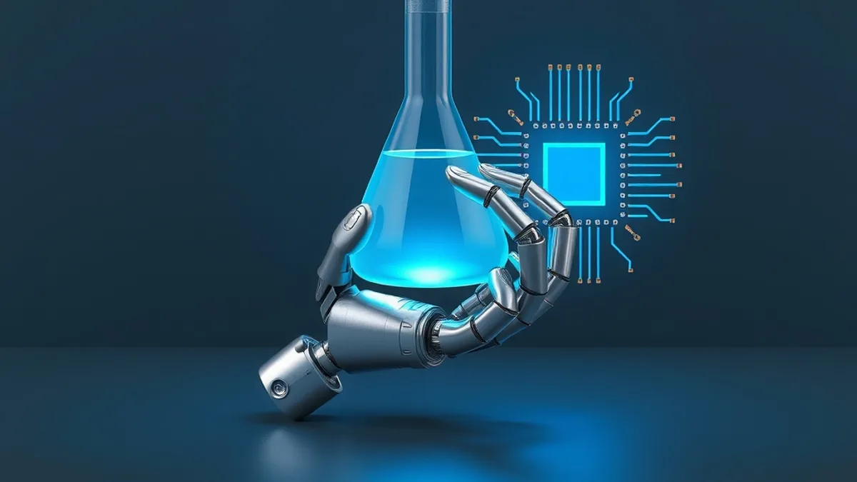 Metallic robotic hand holding a laboratory flask with cyan light next to a microchip