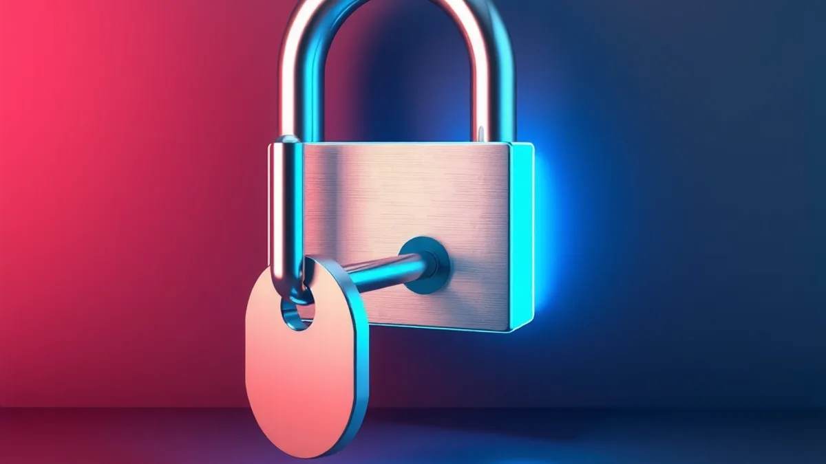 Shiny metallic key entering a digital lock with cyan circuit lines