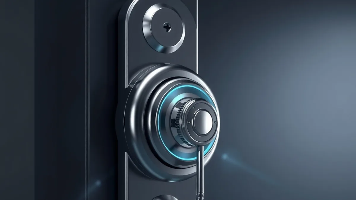 Fechadura de porta inteligente cromada com uma roda giratória e detalhes ciano brilhantes