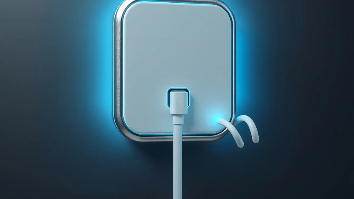 Glowing home wall charger with a coiled cable, representing power flowing from a car to a house
