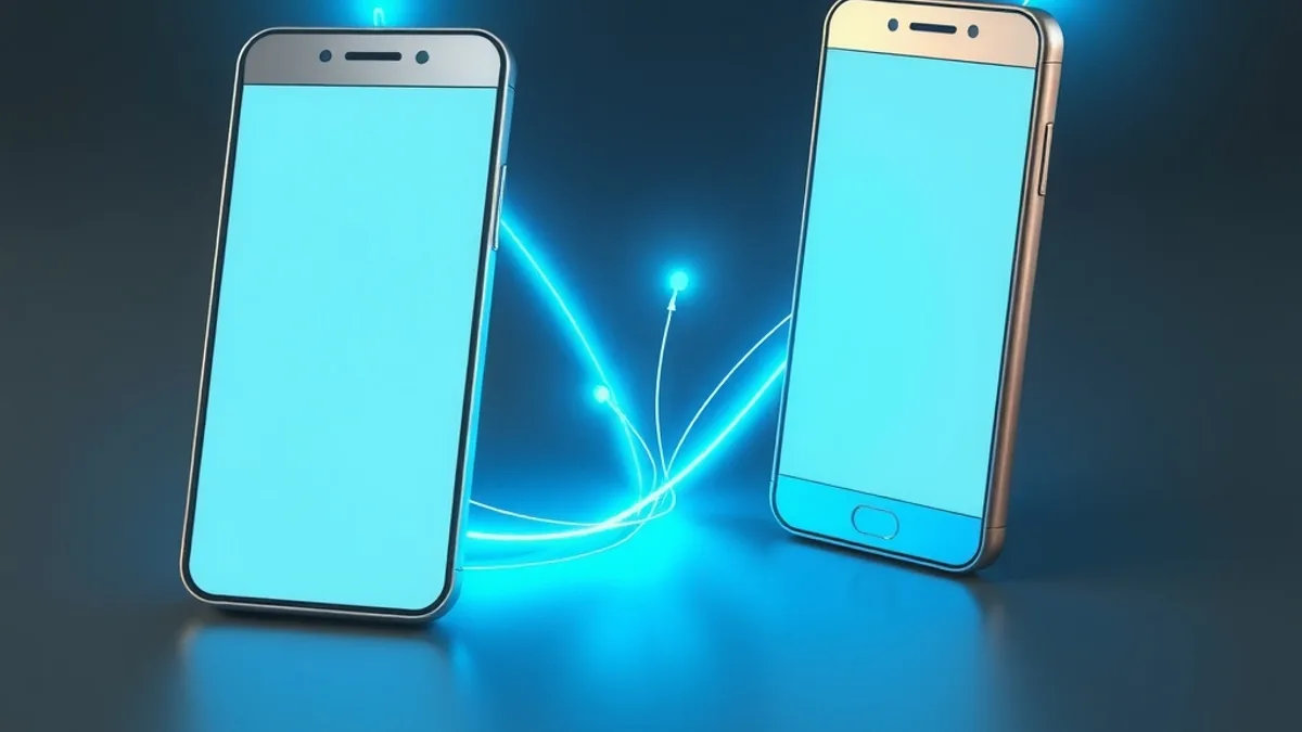 Dos celulares unidos por un haz de luz cian que transfiere datos