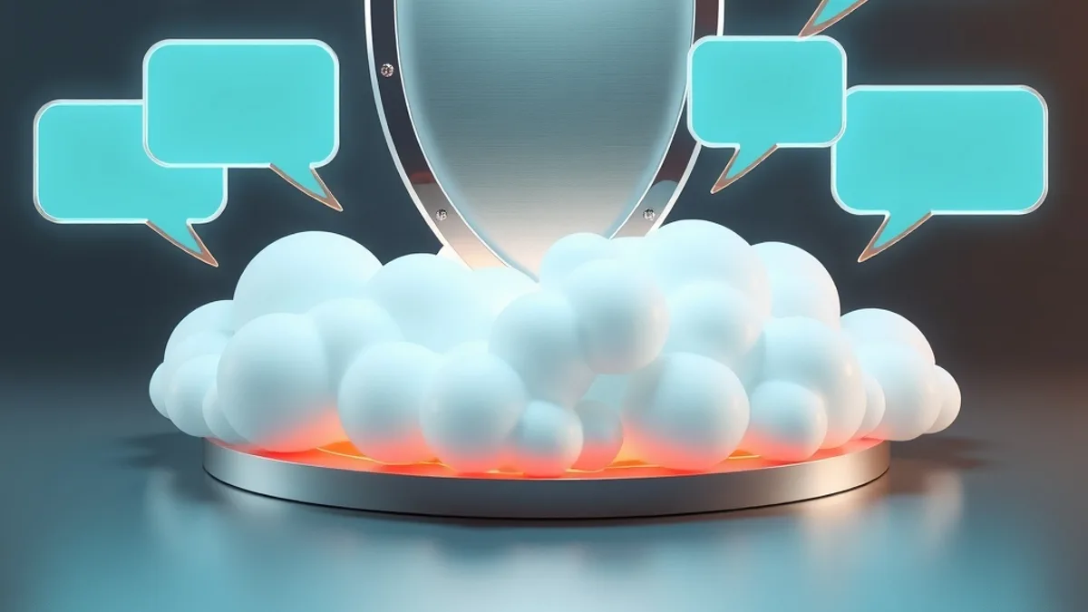 Escudo metálico protegiendo burbujas de chat que fluyen hacia una nube brillante