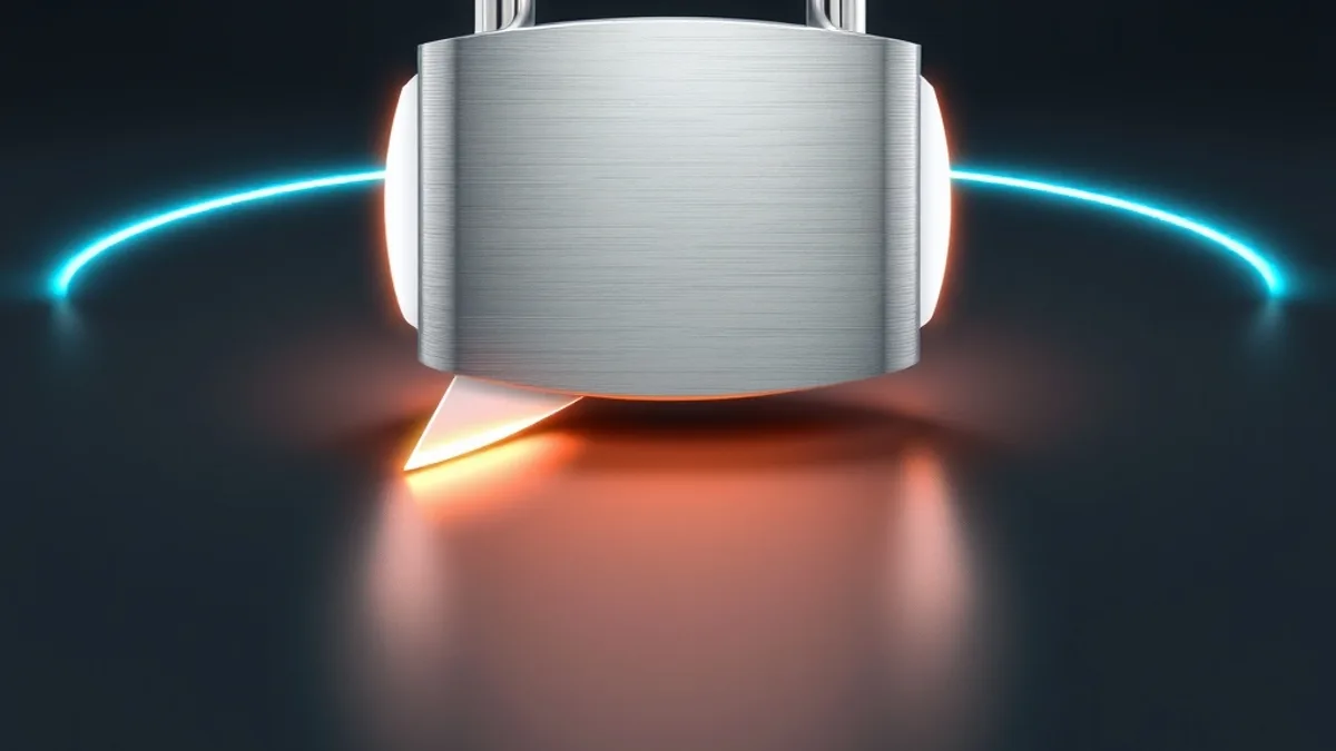 Shiny metal padlock resting on a message bubble against a graphite background