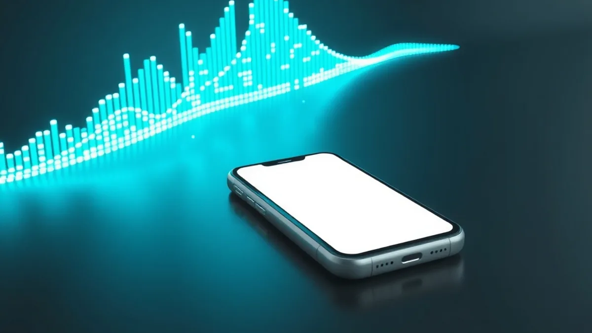 A glowing cyan sound wave next to a smartphone with a blank screen