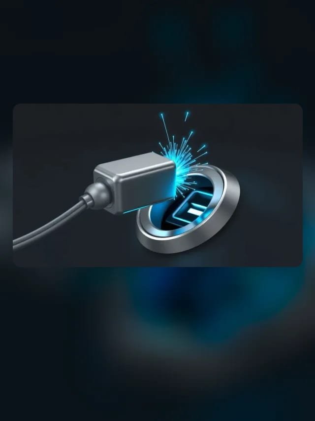 Un conector metálico de cable soltando chispas cian al salir de una entrada circular