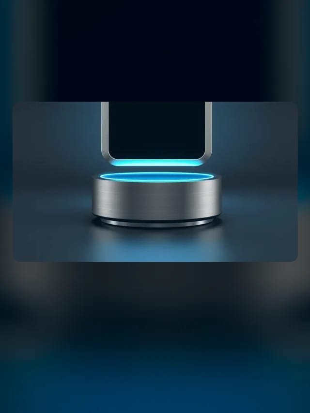 Bocina inteligente con pantalla cuadrada luminosa flotando sobre una base metálica
