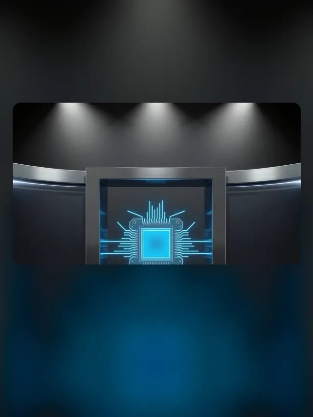 Chip brillante con líneas de circuito cian dentro de un portal de metal cepillado