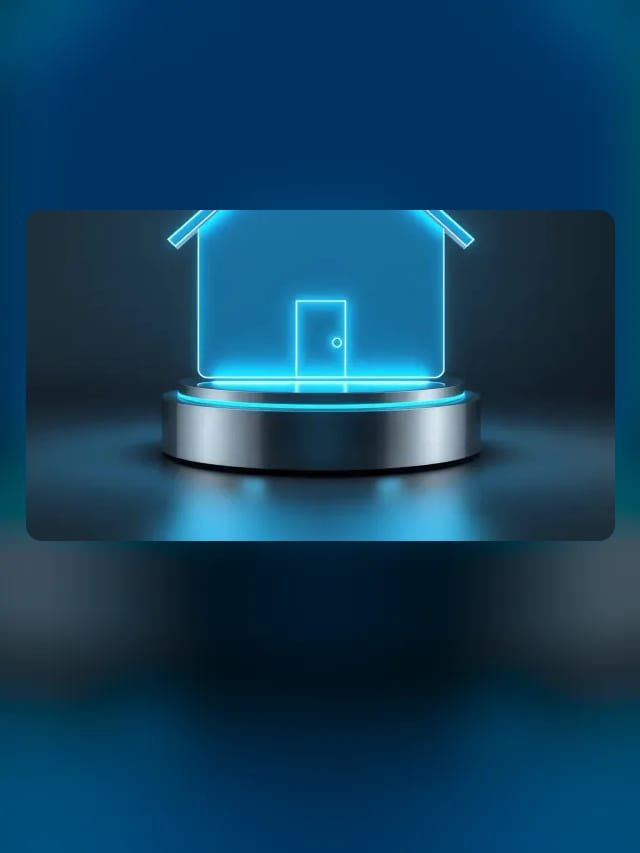Contorno luminoso de una casa sobre una base metálica