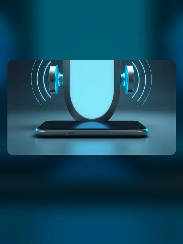 Escudo metálico frenando ondas de sonido que salen de un celular con pantalla apagada