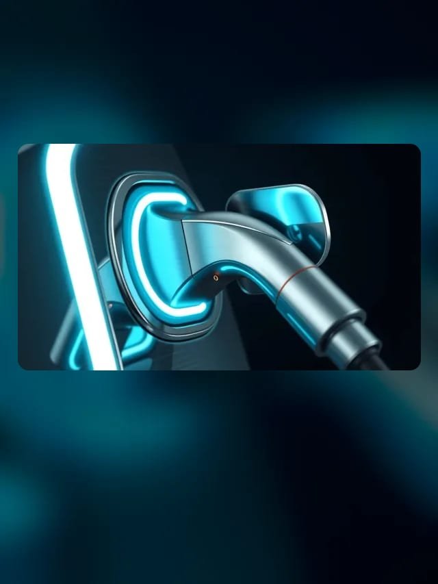 Conector de carga metálico con líneas de circuito cian brillantes sobre fondo grafito
