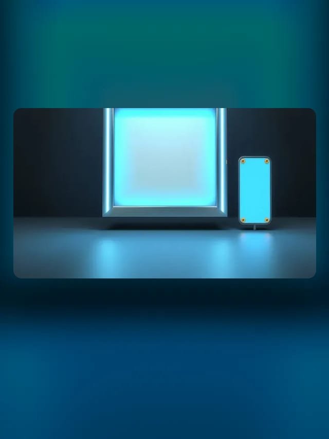 Un marco metálico con pantalla cian brillante junto a un pequeño panel separado