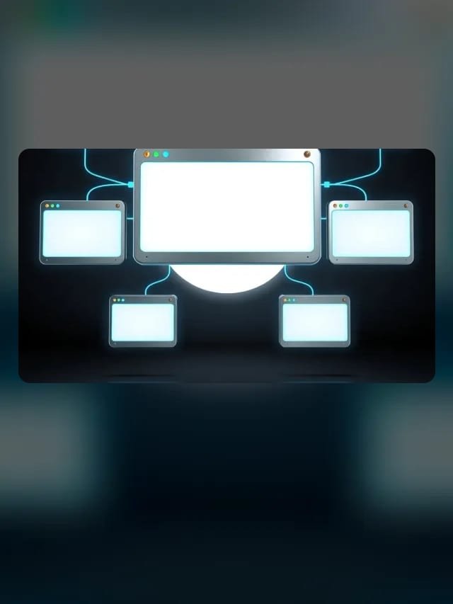 Ventanas de navegador metálicas unidas por líneas cian a un núcleo luminoso